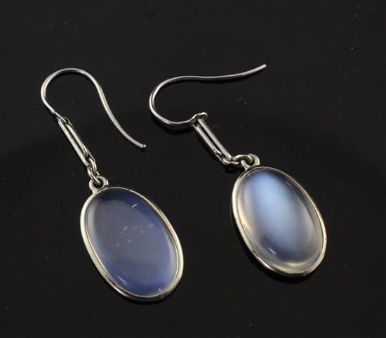 A pair of platinum and moonstone drop earrings, 1.5in.